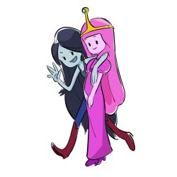  2girls adventure_time anjohink bite_mark bite_mark_on_neck black_hair blue_pants boots closed_mouth colored_skin commentary commission dress english_commentary eyelashes fang gold_tiara grey_skin grey_tank_top ko-fi_commission long_dress long_hair marceline_abadeer multiple_girls no_nose open_mouth pants pink_dress pink_hair pink_shoes pink_skin princess_bonnibel_bubblegum puffy_short_sleeves puffy_sleeves red_boots shoes short_sleeves simple_background smile solid_oval_eyes tank_top tiara vampire very_long_hair white_background 