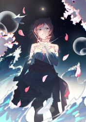  1girl absurdres bare_shoulders bird bokutachi_wa_hitotsu_no_hikari commentary_request diffraction_spikes dove dress elbow_gloves falling_petals feet_out_of_frame gloves grin highres inazuma_(elect_line) looking_at_viewer love_live! love_live!_school_idol_project love_live!_the_school_idol_movie medium_hair night nishikino_maki petals pink_petals red_hair sky smile solo star_(sky) starry_sky strapless strapless_dress violet_eyes water white_bird white_dress white_gloves 