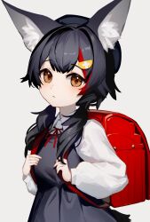  1girl absurdres alternate_costume animal_ear_fluff animal_ears bag black_dress black_hair brown_eyes cine_(wazd0183) commentary_request cowboy_shot dress grey_background hair_ornament highres hololive long_sleeves ookami_mio red_bag red_hair shirt solo tail twintails white_shirt wolf_ears wolf_girl wolf_tail 