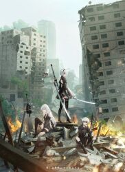  1boy 2b_(nier:automata) 2girls 9s_(nier:automata) a2_(nier:automata) absurdres android arm_on_knee arm_support back_cutout black_boots black_choker black_coat black_dress black_gloves black_hairband black_thighhighs blindfold blue_eyes bob_cut boots building buttons car choker closed_mouth clothing_cutout coat commentary copyright_name covered_eyes cruel_oath day double-breasted dress drone elbow_gloves embers facing_viewer feather-trimmed_sleeves feather_trim fire floating_embers gloves greatsword grey_sky hair_over_one_eye hairband high_heel_boots high_heels highres holding holding_sword holding_weapon huge_weapon katana long_hair long_sidelocks long_sleeves looking_at_viewer mole mole_under_mouth motor_vehicle multiple_girls nier nier:automata nier_(series) no_blindfold one_eye_covered ootachi outdoors parted_bangs pendant_choker planted planted_sword puffy_long_sleeves puffy_sleeves rebar robot rubble ruins satellite_dish shiyoi short_hair sidelocks sitting skin_seams sky smoke standing steel_beam sword sword_on_back thigh-highs thigh_boots thighhighs_under_boots tree two-handed_sword type-4o_sword unmanned_aerial_vehicle virtuous_contract virtuous_treaty weapon weapon_on_back white_hair wreckage 
