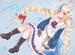  1girl absurdres animal_ear_fluff animal_ears black_gloves blonde_hair blue_eyes blue_streaks boots cat_ears closed_mouth dress fins fish_girl fish_tail floating floating_hair gloves highres indie_virtual_youtuber lantern long_hair long_sleeves looking_at_viewer low_twintails multicolored_hair raychu_zhak2858 sameko_saba solo streaked_hair tail twintails very_long_hair virtual_youtuber 