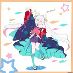  1girl blue_eyes blue_kimono cho_kaguya-hime! colored_extremities colored_inner_hair fish fushi_(cho_kaguya-hime!) hair_ornament hair_rings hair_stick highres japanese_clothes kimono long_hair long_sleeves multicolored_hair off_shoulder open_mouth orange_background pink_hair runami_yachiyo runami_yachiyo_(tsukuyomi) shide solo suika0207 twintails very_long_hair white_hair 