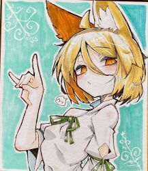  1girl ahoge animal_ear_fluff animal_ears blonde_hair blush border breasts commentary_request constricted_pupils deal360acv dot_nose fox_ears fox_girl fox_shadow_puppet green_background green_ribbon hair_between_eyes hand_up highres ko~n kudamaki_tsukasa looking_at_viewer orange_eyes outline outside_border parted_lips photo_(medium) ribbon romper shikishi short_hair short_sleeves simple_background sleeve_ribbon small_breasts solo speech_bubble touhou traditional_media upper_body white_border white_outline white_romper 