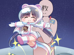  1girl bandaged_leg bandages black_hair blush_stickers chibi closed_eyes closed_mouth commentary_request dragon_ears dragon_girl dragon_tail flag gloves helmet highres holding holding_flag kidian_(trickcal) leader_(trickcal) long_hair mo23 moon pointy_ears sky smile space_boots space_helmet star_(sky) starry_sky sweater tail trickcal twintails 