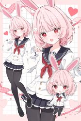  1girl :d animal_ears azuki_(az_my) black_pantyhose black_sailor_collar black_shoes black_skirt blunt_bangs blush border bow bright_pupils buttons cardigan chibi chibi_inset closed_mouth commentary_request commission double-breasted eyes_visible_through_hair hair_bow hair_ornament hand_up happy heart highres index_finger_raised loafers long_sleeves looking_at_viewer medium_hair miniskirt neckerchief open_mouth original outline outside_border pantyhose pink_border pink_bow pink_hair pleated_skirt puffy_long_sleeves puffy_sleeves rabbit_ears rabbit_girl rabbit_hair_ornament red_eyes red_neckerchief sailor_collar school_uniform serafuku shoes simple_background skeb_commission skirt smile solo thigh_gap white_background white_cardigan white_outline white_pupils zoom_layer 