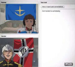  2boys alloydia amuro_ray black_capelet blonde_hair blue_jacket brown_hair capelet char_aznable collar collared_coat curly_hair derivative_work earth_federation_flag epaulettes expressionless gundam gypsycrusader headset helmet highres jacket meme mobile_suit_gundam multiple_boys nervous_smile no_eyewear omegle open_mouth red_collar sad_linus_(meme) short_hair smile staring teeth upper_teeth_only white_helmet zeon_flag 