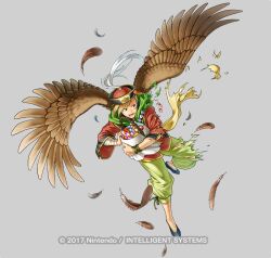  1boy black_shoes blonde_hair commentary_request company_name feathered_wings fire_emblem fire_emblem:_path_of_radiance fire_emblem_heroes full_body green_pants grey_background halloween_bucket holding holding_halloween_bucket janaff_(treat_or_talon)_(fire_emblem) kita_senri official_alternate_costume official_art open_mouth pants scar scar_on_face shoes short_hair simple_background solo wings 