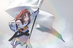  1girl absurdres ahoge apple arknights belt commentary english_commentary feet_out_of_frame flag food fruit golden_apple green_eyes grey_background highres holding holding_flag jacket long_hair long_sleeves looking_at_viewer midriff multiple_belts myrtle_(arknights) navel okukin_07 open_clothes open_jacket open_mouth pointy_ears red_hair simple_background smile solo standard_bearer tank_top white_flag white_jacket white_tank_top 