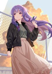  1girl absurdres alternate_costume black_jacket blue_bow bow brown_hair brown_skirt chain-link_fence closed_mouth clouds colored_inner_hair commentary_request contemporary fence frilled_skirt frills frown green_sweater hair_bow highres jacket kspica_i long_hair long_sleeves missing_headwear multicolored_hair multiple_hair_bows open_clothes open_jacket outdoors patchouli_knowledge purple_hair red_bow red_eyes skirt solo sweater touhou 