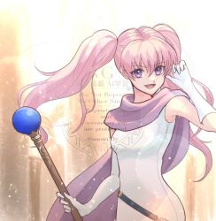  1537snow 1girl breasts commentary_request dress fire_emblem fire_emblem:_the_blazing_blade gloves holding holding_staff looking_at_viewer open_mouth pink_hair purple_scarf scarf serra_(fire_emblem) small_breasts smile solo staff twintails upper_body violet_eyes white_dress white_gloves 