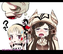  1girl 2girls bare_shoulders black_hair blonde_hair breasts cambrian_knight hood horns jewelry large_breasts long_hair magical_girl mahou_shoujo_ikusei_keikaku mahou_shoujo_ikusei_keikaku_limited multicolored_hair multiple_girls open_mouth pity_frederica short_bangs short_hair stanczyka star_(symbol) star_ornament tot_pop 