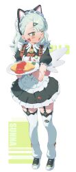  1girl absurdres animal_ear_hairband animal_ears asymmetrical_bangs averting_eyes bag bell black_dress black_garter_straps blush cat_ear_hairband cat_ears character_name commentary_request dress fake_animal_ears food food_on_face full_body garter_straps ghost_hair_ornament green_eyes green_hair hair_ornament hairband hairclip highres holding holding_plate ketchup looking_to_the_side maid maid_headdress neck_bell necktie official_alternate_costume omelet open_mouth paoguangji_na plate red_bag red_necktie solo sunna_(afternoon_tea_break)_(zenless_zone_zero) sunna_(zenless_zone_zero) sweat thigh-highs white_background white_thighhighs winged_bag wings zenless_zone_zero 