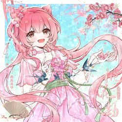  1girl bird blue_sky border bracelet branch brooch brown_eyes cherry_blossoms chinese_clothes chinese_commentary choker commentary_request cone_hair_bun cowboy_shot cyfrost day dot_nose double_bun dress earrings eyelashes floating_hair floral_background flower flower_brooch folding_fan frilled_wrist_cuffs frills gold_bracelet green_sash hair_between_eyes hair_bun hair_flower hair_ornament hand_fan happy highres holding holding_flower jewelry leaning_back light_blush long_hair low_twintails neck_flower nikki_(nikki) nikki_(series) open_mouth outdoors outline outside_border peachy_dream_(shining_nikki) pink_choker pink_dress pink_flower pink_hair pom_pom_(clothes) pom_pom_hair_ornament sash see-through_clothes see-through_wrist_cuffs shining_nikki short_sleeves single_stripe sky smile solo spring_(season) standing striped_choker swallow_(bird) tassel tassel_earrings twintails very_long_hair waist_sash white_border white_outline white_wrist_cuffs wrist_cuffs 