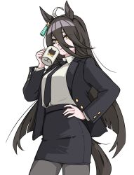 1girl absurdres ahoge alternate_costume animal_ears black_jacket black_necktie black_skirt blazer brown_hair closed_mouth coffee_mug commentary cowboy_shot cup dress_shirt dyed_ahoge ear_tag english_commentary ghuler hair_between_eyes hand_on_own_hip highres holding holding_cup horse_ears horse_girl horse_tail jacket long_hair_between_eyes looking_at_viewer manhattan_cafe_(umamusume) miniskirt mug necktie office_lady pantyhose pencil_skirt shirt simple_background skirt smile solo tail umamusume white_background white_shirt yellow_eyes 