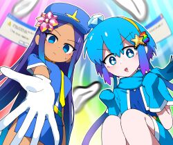  2girls aoki_lapis aqua_eyes aqua_gloves aqua_hair aqua_scarf aqua_skirt atena_fumei belt blue_hair blue_hat blue_shirt blue_skirt blurry blurry_background breasts clock dark-skinned_female dark_skin diamond_(gemstone) expressionless from_below gem_hair_ornament gloves gradient_hair green_belt hair_ornament hat highres large_breasts light_blush long_hair looking_at_viewer merli_(vocaloid) mixed-language_commentary multicolored_hair multiple_girls neckerchief offering_hand official_art open_mouth outline pov purple_hair rainbow_background reaching reaching_towards_viewer scarf shirt short_sleeves siblings sidelocks sisters skirt smile star_(symbol) star_hair_ornament sweat tourmaline triangle_mouth vocaloid wakusei_webstar_(vocaloid) white_gloves white_outline window_(computing) yellow_neckerchief 