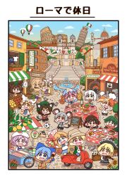  6+girls absurdres animal_ear_fluff animal_ears animal_hat apron black_shorts blonde_hair blue_apron blue_bow blue_eyes blue_hair blue_necktie blue_skirt blue_tabard blush_stickers bow brown_eyes brown_hair brown_jacket cat_ears cat_tail chen chibi chibi_only cirno clownpiece collared_shirt colosseum commentary_request cooking detached_wings dress eating flower food fountain fox_tail futatsuiwa_mamizou green_hat grey_hair hair_bow hakurei_reimu hat hat_bow hat_ribbon highres holding holding_ice_cream_cone ice ice_cream ice_cream_cone ice_wings italian_flag italy jacket kitsune komano_aunn konpaku_youmu leaf leaf_on_head leaning_tower_of_pisa letty_whiterock lily_white long_hair long_sleeves lunasa_prismriver mob_cap mouse_ears mouse_girl mouse_tail multiple_girls multiple_riders multiple_scoops multiple_tails nazrin necktie nekomata niwatari_kutaka open_mouth outdoors pasta pink_hair pizza plant potted_plant purple_tabard raccoon_girl raccoon_tail red_bow red_eyes red_ribbon red_shirt restaurant ribbon saigyouji_yuyuko shirt shitacemayo shorts skirt smile speech_bubble stairs sunflower tabard tail touhou translation_request two_tails very_long_hair white_dress white_hat white_shirt wings yakumo_ran yakumo_yukari yellow_eyes yellow_flower 
