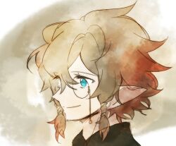  1boy alternate_hair_color anpolly aqua_eyes brown_hair closed_mouth commentary_request ear_covers grey_background hair_tubes heterochromia long_pointy_ears looking_ahead male_focus monocle pointy_ears portrait sekaiju_no_meikyuu sekaiju_no_meikyuu_5 short_hair smile solo split_mouth two-tone_background warlock_(sekaiju) warlock_1_(sekaiju) white_background white_eyes 