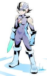 armor black_hair blue_bodysuit bodysuit boots bowalia full_body gloves green_eyes helmet knee_boots light_smile looking_at_viewer male_focus mega_man_(series) mega_man_battle_network_(series) megaman.exe non-web_source shadow short_hair shoulder_armor simple_background solo spiky_hair standing white_background 