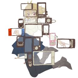  1girl antenna_hair arcueid_brunestud arms_at_sides black_pantyhose blonde_hair blue_skirt boots breasts brown_boots cellphone commentary fingernails flip_phone floating_hair hair_between_eyes jewelry large_breasts light_blush looking_at_viewer midair miniskirt mp3_player necklace nintendo_switch pantyhose phone plaid_clothes plaid_skirt red_eyes sharp_fingernails short_hair single_hair_intake skirt smartphone smile solo storrrrre_(store4576) sweater tablet_pc tsukihime tsukihime_(remake) turtleneck turtleneck_sweater white_sweater 