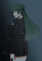  akiha_school_uniform ass bang_dream! bang_dream!_yumemita commentary green_hair hair_bun hair_ornament hairclip highres long_hair long_sleeves looking_back mole mole_under_mouth nagomu_7_56 one_side_up open_mouth rain school_uniform single_side_bun untranslatable_commentary viola_(bang_dream!) wet wet_hair x_hair_ornament 