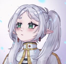  1girl absurdres blush capelet closed_mouth commentary earrings elf frieren gold_trim green_eyes grey_hair highres jewelry klmmox long_hair long_pointy_ears meme parted_bangs pointy_ears shirt simple_background solo sousou_no_frieren striped_clothes striped_shirt teardrop_earrings twintails two-tone_shirt upper_body upward_angle_frieren_drawing_(meme) white_capelet white_hair 