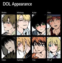  1girl 43_dol 6+boys alex_(degrees_of_lewdity) alex_(male)_(degrees_of_lewdity) bags_under_eyes black_eyes black_hair blonde_hair blue_eyes blush brown_hair character_chart character_name collarbone collared_shirt column_lineup commentary copyright_name crying crying_with_eyes_open dark-skinned_male dark_skin degrees_of_lewdity eden_(degrees_of_lewdity) eden_(male)_(degrees_of_lewdity) freckles gloves green_eyes grid_lineup hair_over_one_eye hat heterochromia highres kylar_(degrees_of_lewdity) kylar_(male)_(degrees_of_lewdity) looking_at_viewer male_focus multiple_boys nervous_sweating nude orange_eyes orange_hair parted_bangs player_character_(degrees_of_lewdity) player_character_(female)_(degrees_of_lewdity) profile red_eyes robin_(degrees_of_lewdity) robin_(male)_(degrees_of_lewdity) scar scar_on_face shirt short_hair simple_background smile sweat sydney_(degrees_of_lewdity) sydney_(male)_(degrees_of_lewdity) tears ushanka whitney_(degrees_of_lewdity) whitney_(male)_(degrees_of_lewdity) yellow_eyes 