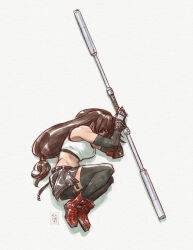  1girl alt_text black_leggings brown_hair commentary elbow_pads english_commentary final_fantasy final_fantasy_vii highres holding holding_staff leggings long_hair low-tied_long_hair mage_staff materia red_shoes ron_chan shoes signature simple_background single_arm_guard single_elbow_pad skirt sleeping staff suspender_skirt suspenders tank_top tifa_lockhart white_background white_tank_top 