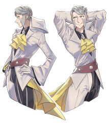  1boy arms_behind_head ascot belt black_pants black_shirt brown_belt closed_mouth collared_shirt commentary emmet_(pokemon) emmet_(sygna_suit)_(pokemon) gloves grey_eyes grey_hair hands_on_own_hips highres jacket looking_to_the_side male_focus multiple_views official_alternate_costume pants pokemon pokemon_masters_ex rei_(esprei96) shirt short_hair smile striped_clothes striped_pants vertical-striped_clothes vertical-striped_pants white_background white_gloves white_jacket yellow_ascot 