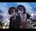  1boy 1girl black_hair black_suit blurry blurry_background boku_no_kokoro_no_yabai_yatsu bracelet brown_hair dress earrings formal hair_between_eyes hetero highres ichikawa_kyoutarou jewelry leaning_forward long_hair necktie red_necktie short_hair standing suit whispering white_dress yamada_anna zeroasann 