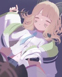  2girls animal_ear_headphones animal_ears black_skirt blonde_hair blue_archive blue_necktie blurry blurry_foreground bow cat_ear_headphones cat_ears collared_shirt commentary drawing_on_another's_face fake_animal_ears gaarya green_bow green_jacket hair_bow halo headphones highres holding holding_pen hood hooded_jacket jacket long_sleeves lying midori_(blue_archive) momoi_(blue_archive) multiple_girls necktie pen pink_halo pink_jacket pleated_skirt shirt short_hair siblings sisters skirt sleeping twins two-sided_fabric two-sided_jacket unbuttoned unbuttoned_shirt unbuttoning white_jacket white_shirt wide_sleeves 