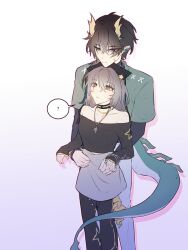  1boy 1girl ? absurdres black_choker black_hat black_pants black_shirt breasts brown_hair choker closed_mouth commentary dan_heng_(honkai:_star_rail) dan_heng_(permansor_terrae)_(alternate_spacetime)_(honkai:_star_rail) dan_heng_(permansor_terrae)_(honkai:_star_rail) dragon_boy dragon_horns dragon_tail drop_shadow earrings feet_out_of_frame frown gradient_background green_eyes green_shirt grey_hair hair_between_eyes hat head_on_head head_rest hetero highres holding honkai:_star_rail honkai_(series) horns jewelry long_sleeves looking_at_another looking_up medium_breasts nagisw0_0 necklace off-shoulder_shirt off_shoulder official_alternate_costume pants pointy_ears shirt simple_background speech_bubble spoken_question_mark stelle_(honkai:_star_rail) tail trailblazer_(honkai:_star_rail) yellow_eyes 