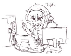  1girl buttons collared_shirt computer disembodied_linked_eye drawing_tablet eyeball frilled_shirt_collar frills greyscale hair_ornament hairband heart heart_button heart_hair_ornament highres holding holding_stylus komeiji_satori long_sleeves monitor monochrome open_mouth rampa93 ribbon-trimmed_collar ribbon_trim shirt solo stylus sweat touhou wide_sleeves 