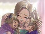  1boy 2girls bianca_(dq5) blonde_hair blunt_bangs blurry blurry_background bow braid brother_and_sister bruise cloak closed_eyes collarbone commentary_request crying dragon_quest dragon_quest_v dress earrings green_bow green_dress hair_bow hand_on_another&#039;s_head hero&#039;s_daughter_(dq5) hero&#039;s_son_(dq5) highres indoors injury jewelry long_hair low_ponytail mother&#039;s_day mother_and_daughter mother_and_son multiple_girls neck_ring open_mouth parted_lips pink_cloak purple_cloak ring short_hair siblings single_braid spiky_hair stud_earrings tears twins upper_body yuto_sakurai 