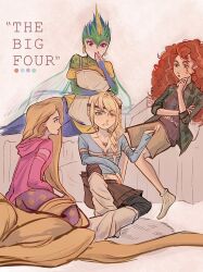  4girls absurdly_long_hair alternate_costume astrid_hofferson bed bed_sheet bedroom bird_girl black_pants blonde_hair blue_eyes blue_feathers blue_shirt braid braided_ponytail brave_(pixar) brown_headband brown_pants brown_shorts brown_skirt collarbone collared_shirt cropped_shirt curly_hair dangle_earrings disney dreamworks earrings elbow_on_knee english_text eyelashes eyeshadow feathered_hair feathers full_body gradient_background green_feathers green_shirt hair_over_shoulder hand_on_own_arm hand_on_own_chin hand_on_own_face headband hood hood_down hoodie how_to_train_your_dragon_(series) hugging_object indoors jewelry layered_shirt leg_warmers long_hair long_sleeves looking_at_another looking_to_the_side low_ponytail makeup merida_(brave) midriff midriff_peek miniskirt multiple_girls navel no_139401 off-shoulder_shirt off_shoulder on_bed open_clothes open_shirt pants parted_bangs parted_lips pendant pillow pink_background pink_eyes pink_eyeshadow pink_hoodie pixar plaid_clothes plaid_shirt ponytail profile purple_pants purple_shirt rapunzel_(disney) red_hair red_nails rise_of_the_guardians shirt short_hair short_sleeves shorts sidelocks single_braid sitting sitting_on_object skirt skull_pendant sleeves_past_wrists socks star_(symbol) star_print striped_clothes striped_hoodie striped_shirt tangled toothiana_(rise_of_the_guardians) two-tone_pants unbuttoned unbuttoned_shirt very_long_hair white_leg_warmers white_socks wings yellow_feathers yellow_shirt 