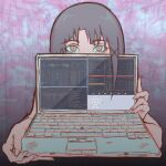  1girl abstract_background absurdres asymmetrical_hair brown_eyes brown_hair computer english_commentary english_text fingernails hair_ornament hairclip highres holding_laptop iwakura_lain laptop music serial_experiments_lain short_hair single_sidelock solo stef_ruvx x_hair_ornament 