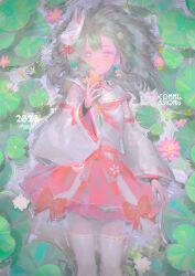  1girl absurdres bell bow commission detached_sleeves flower fox_mask green_hair hair_flower hair_ornament hair_ribbon highres holding holding_flower lily_pad long_hair long_sidelocks looking_at_viewer lying lying_on_water mask miniskirt neck_bell neckerchief on_back original parted_lips pink_eyes pink_flower red_bow red_neckerchief red_ribbon red_skirt ribbon ribbon-trimmed_collar ribbon-trimmed_skirt ribbon-trimmed_sleeves ribbon-trimmed_thighhighs ribbon_trim sailor_collar shirt sidelocks skirt solo star-shaped_pupils star_(symbol) symbol-shaped_pupils thigh-highs water white_flower white_sailor_collar white_shirt white_thighhighs wide_sleeves yaungpeng yellow_flower zettai_ryouiki 