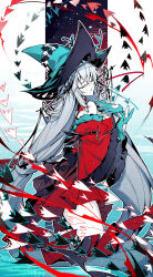  1girl arknights bare_shoulders black_hat black_ribbon blue_gloves blue_hat closed_eyes cowboy_shot dress fy_fei_xiao_ya gloves hat highres infection_monitor_(arknights) long_hair open_mouth red_dress ribbon simple_fish skadi_(arknights) skadi_the_corrupting_heart_(arknights) solo thighs two-sided_fabric two-sided_headwear very_long_hair water white_hair witch_hat 