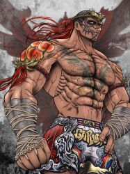 1boy abs armband bandaged_arm bandages black_hair buzz_cut chest_tattoo clenched_hands collarbone commentary_request concrete constricted_pupils dark-skinned_male dark_skin facial_tattoo fahkumram hand_on_own_hip headband highres male_focus manly muay_thai muscular muscular_male navel pectorals rope scar scar_across_eye scar_on_face short_hair shorts shoulder_tattoo solo tattoo tekken tekken_8 topless_male twitter_username very_short_hair white_shorts yusa_(yusa11subarukko) 