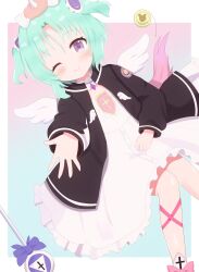  1girl absurdres aqua_hair black_jacket blush bow closed_mouth coin commentary_request cross cross_print frilled_skirt frills hair_ornament highres jacket magical_girl mahou_shoujo_ikusei_keikaku mahou_shoujo_ikusei_keikaku_f2p offering_hand one_eye_closed purple_bow skirt smile stella_lulu teepa violet_eyes wand white_wings wings 