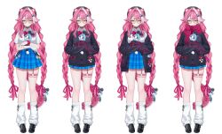  1girl arm_warmers black_cardigan black_choker black_jacket black_shoes blue_skirt bow bowtie braid braided_bangs breasts button_gap cardigan chattino_(raora_panthera) chest_harness choker closed_mouth commentary_request cross-laced_clothes cross-laced_sleeves english_commentary full_body glasses hair_intakes hair_ornament hair_ribbon hairclip harness heart heart_choker highres hololive hololive_english jacket large_breasts leg_warmers loafers long_hair long_sleeves looking_at_viewer multicolored_hair multiple_views nekojira o-ring o-ring_thigh_strap official_alternate_costume official_art open_clothes open_jacket panther_girl panther_tail parallel_hairclips pink_bow pink_bowtie pink_hair pink_ribbon raora_panthera raora_panthera_(casual) red_scarf ribbon scarf school_uniform scrunchie second-party_source shirt shoes short_sleeves simple_background single_arm_warmer skirt smile standing streaked_hair tail taut_clothes taut_shirt thigh_strap twin_braids very_long_hair virtual_youtuber white_arm_warmers white_background white_hair white_leg_warmers white_shirt white_streaks wing_collar wrist_scrunchie x_hair_ornament yellow_eyes 