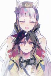  2girls :d animal_ears armband blunt_bangs blush bow brown_eyes closed_eyes coat collared_shirt commentary_request dress ear_bow ear_covers feather_hair_ornament feathers goggles goggles_around_neck gold_ship_(red_strife)_(umamusume) gold_ship_(umamusume) grey_hair hair_between_eyes hair_ornament highres horse_ears horse_girl hug hug_from_behind long_hair multicolored_hair multiple_girls open_clothes open_coat pillbox_hat purple_bow raised_inner_eyebrows red_dress shirt sleeveless sleeveless_dress smile stay_gold_(sunlit_outsider)_(umamusume) stay_gold_(umamusume) streaked_hair umamusume upper_body very_long_hair white_shirt white_streaks yellow_coat zhuyue952700 