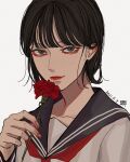  1girl brown_eyes brown_hair carnation closed_mouth dated flower grey_sailor_collar highres holding holding_flower kagoya1219 looking_at_viewer neckerchief original red_flower red_neckerchief sailor_collar sailor_shirt sanpaku school_uniform serafuku shirt short_hair signature simple_background solo upper_body white_background white_shirt 