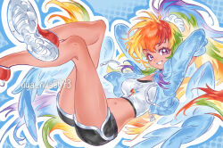  1girl arms_behind_head artist_name blonde_hair blue_feathers blue_hair commentary crop_top crossed_legs english_commentary feathered_wings feathers green_hair hair_ornament hair_scrunchie halftone halftone_background highres jacket long_hair looking_at_viewer multicolored_hair my_little_pony my_little_pony:_friendship_is_magic navel nya_nya5073 open_clothes open_jacket orange_hair personification ponytail purple_hair rainbow_dash rainbow_hair red_hair scrunchie shoes shorts smile sneakers sportswear very_long_hair violet_eyes wings zipper_pull_tab 
