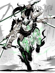  1boy armor bead_necklace beads black_hair bowalia centaur charging_forward dao dual_wielding extra_arms fate/grand_order fate_(series) full_body gloves greyscale holding hooves horse_tail jewelry male_focus monochrome monster_boy muscular muscular_male necklace non-web_source running simple_background solo spot_color tail taur white_background xiang_yu_(fate) 