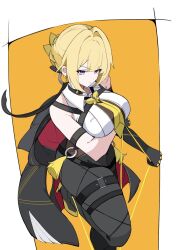 1girl azuki_pii black_gloves black_jacket black_pants blonde_hair breasts chest_harness closed_mouth commentary_request elbow_gloves evelyn_chevalier gloves half_gloves harness high-waist_pants highres jacket jacket_on_shoulders large_breasts latex latex_pants long_hair mole mole_under_eye necktie pants single_elbow_glove single_half_glove solo tight_clothes tight_pants violet_eyes yellow_necktie zenless_zone_zero 