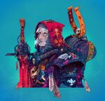  1girl adepta_sororitas armor backpack bag blue_background blue_eyes blue_lips chainmail chamonkee facial_tattoo holding holding_sword holding_weapon hood looking_at_viewer power_armor purity_seal skull sword tattoo warhammer_40k weapon white_hair 