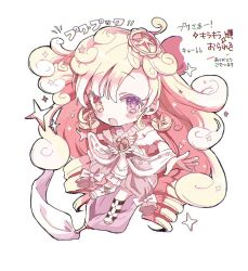  1girl absurdly_long_hair blonde_hair bow commentary_request curly_hair dress drill_hair hair_ornament heterochromia long_hair magical_girl mahou_shoujo_ikusei_keikaku mahou_shoujo_ikusei_keikaku_aces open_mouth puk_puck shamomo smile star_(symbol) star_hair_ornament star_ornament translation_request twin_drills very_long_hair white_bow 