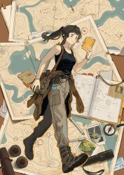  1girl bag black_hair black_tank_top blue_eyes boots brown_bag brown_boots brown_pants cargo_pants chinese_text compass cover cover_page english_text fake_cover fake_magazine_cover flashlight highres lanxi_zhen li_qingning_(the_legend_of_luo_xiaohei) magazine_cover map mixed-language_text notebook official_art pants pen ponytail sidelocks simplified_chinese_text tank_top the_legend_of_luo_xiaohei watch watch yuban_delanbai 