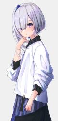  1girl alternate_costume amane_kanata asymmetrical_bangs asymmetrical_hair blue_hair blush bob_cut colored_inner_hair commentary_request eyes_visible_through_hair film_grain from_side grey_background grey_hair grey_skirt hair_over_one_eye highres hololive jacket missing_halo missing_wings multicolored_hair parted_lips pink_streaks raised_eyebrows short_hair simple_background single_hair_intake skirt solo streaked_hair striped_clothes striped_skirt sui._(suikun) swept_bangs three-quarter_sleeves vertical-striped_clothes vertical-striped_skirt violet_eyes virtual_youtuber white_jacket 