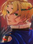  1boy absurdres alfred_(fire_emblem) blonde_hair blood blood_on_face cape circlet closed_mouth fire_emblem fire_emblem_engage green_eyes hair_between_eyes high_collar highres looking_at_viewer male_focus portrait short_hair solo wa_gamc 